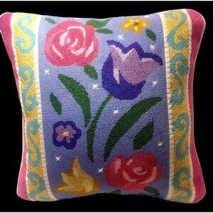 Floral Needlepoint Throw Pillow With Multicolor Design 13"x13" Decorative Accent